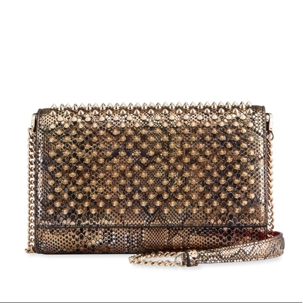 Christian Louboutin Metallic Gold Studded Python-Print Clutch